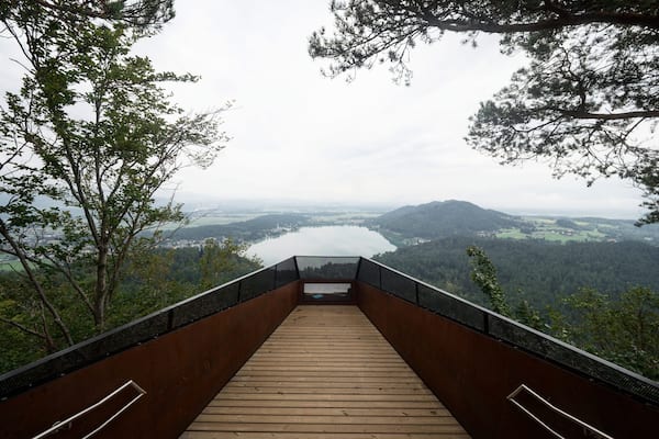 Panorama of Klopeiner See Lake from observation deck platform viewpoint Kitzelberg Sankt Kanzian Carinthia Austria