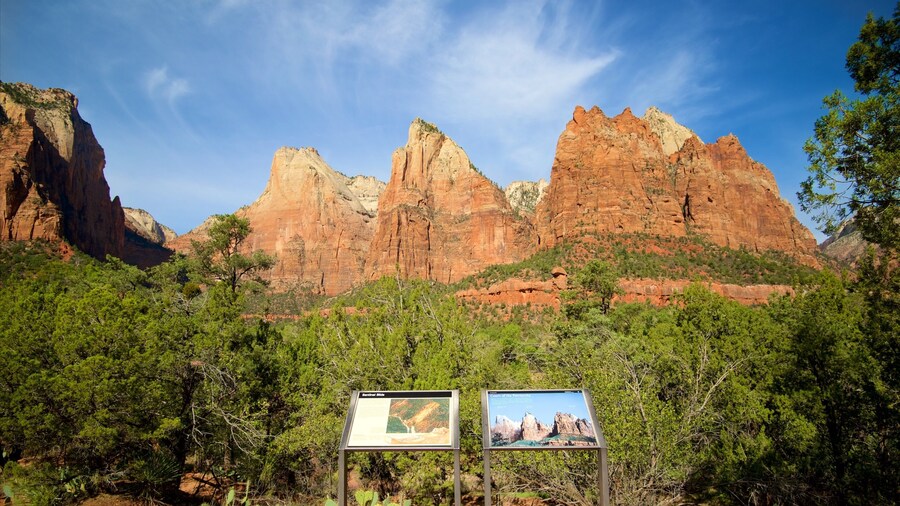 Mirador Court of the Patriarchs mostrando vistas de paisajes, señalización y escenas tranquilas
