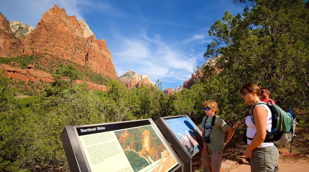 Court of the Patriarchs Viewpoint featuring signage, tranquil scenes and mountains