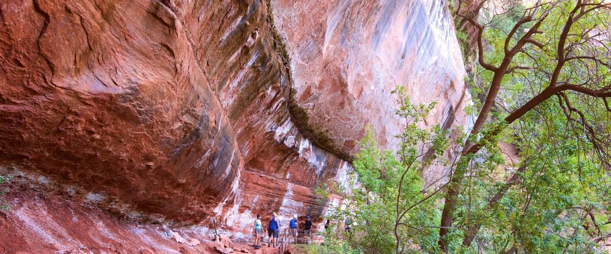 Emerald Pools which includes hiking or walking and tranquil scenes as well as a small group of people