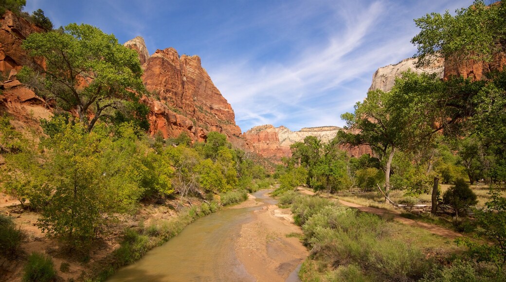 Emerald Pools featuring mountains, landscape views and a river or creek