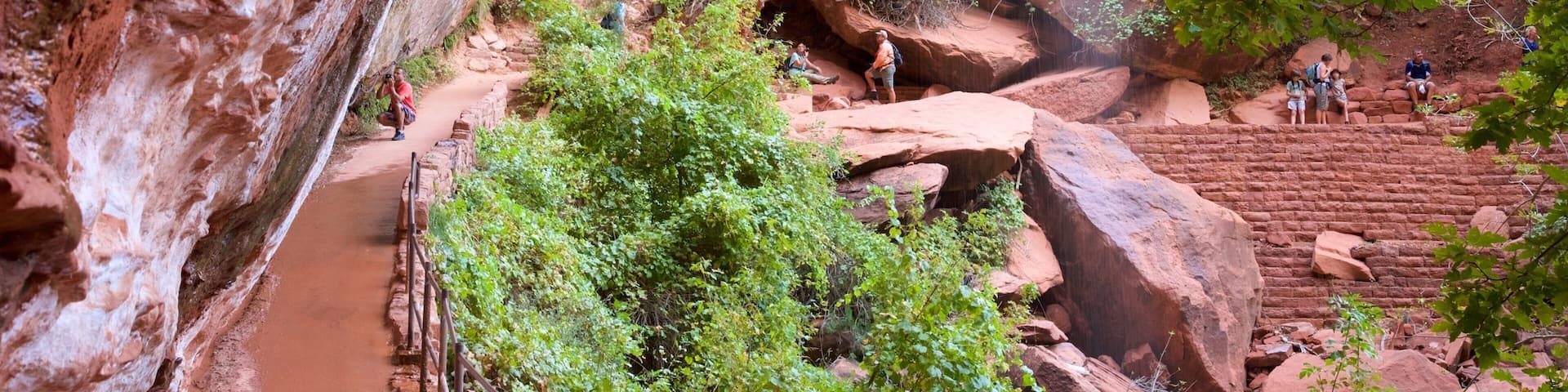 A rocky canyon with a narrow dirt path, large boulders, and dense green foliage.