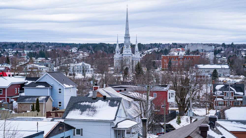 Saint-Georges church in Saint-Georges city in Beauceville Quebec in a winter cloudy day