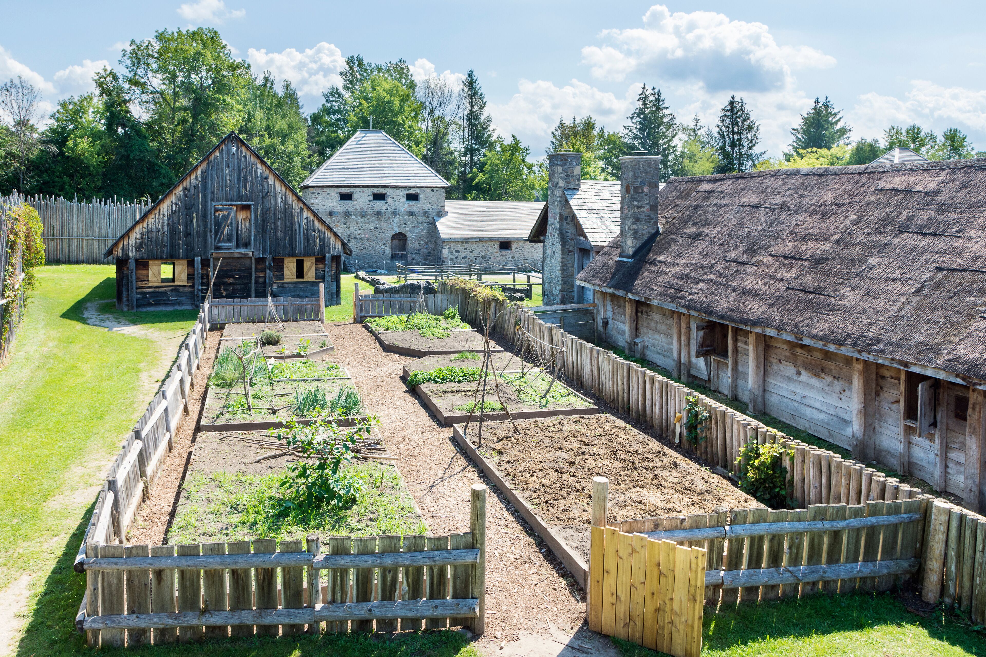 Reconstructed buildings of Jesuit settlement in Sainte Marie Among the Hurons, Midland, Ontario, Canada