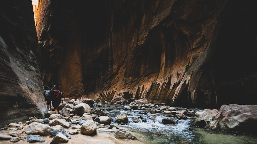 Two Young Female Friends Hiking Through the Narrows, Zion National Park, Utah - USA