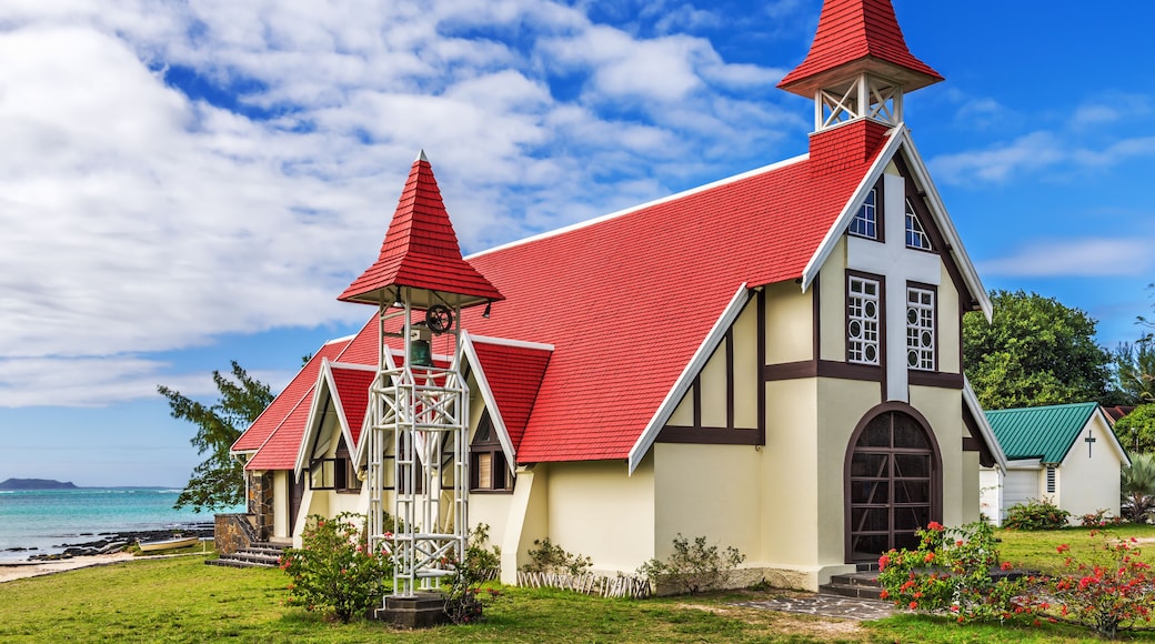 Notre Dame Auxiliatrice Church with distinctive red roof at Cap Malheureux, Mauritius
