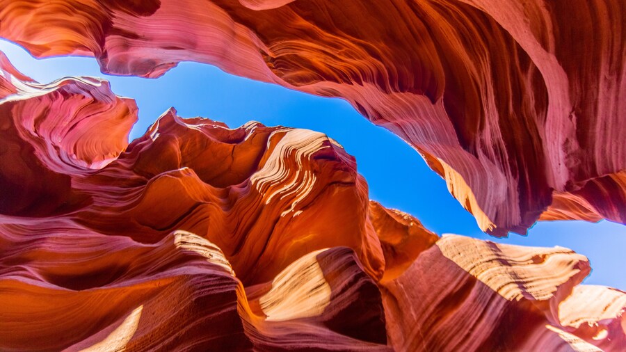 View to spectacular sandstone walls of lower Antelope Canyon in Arizona