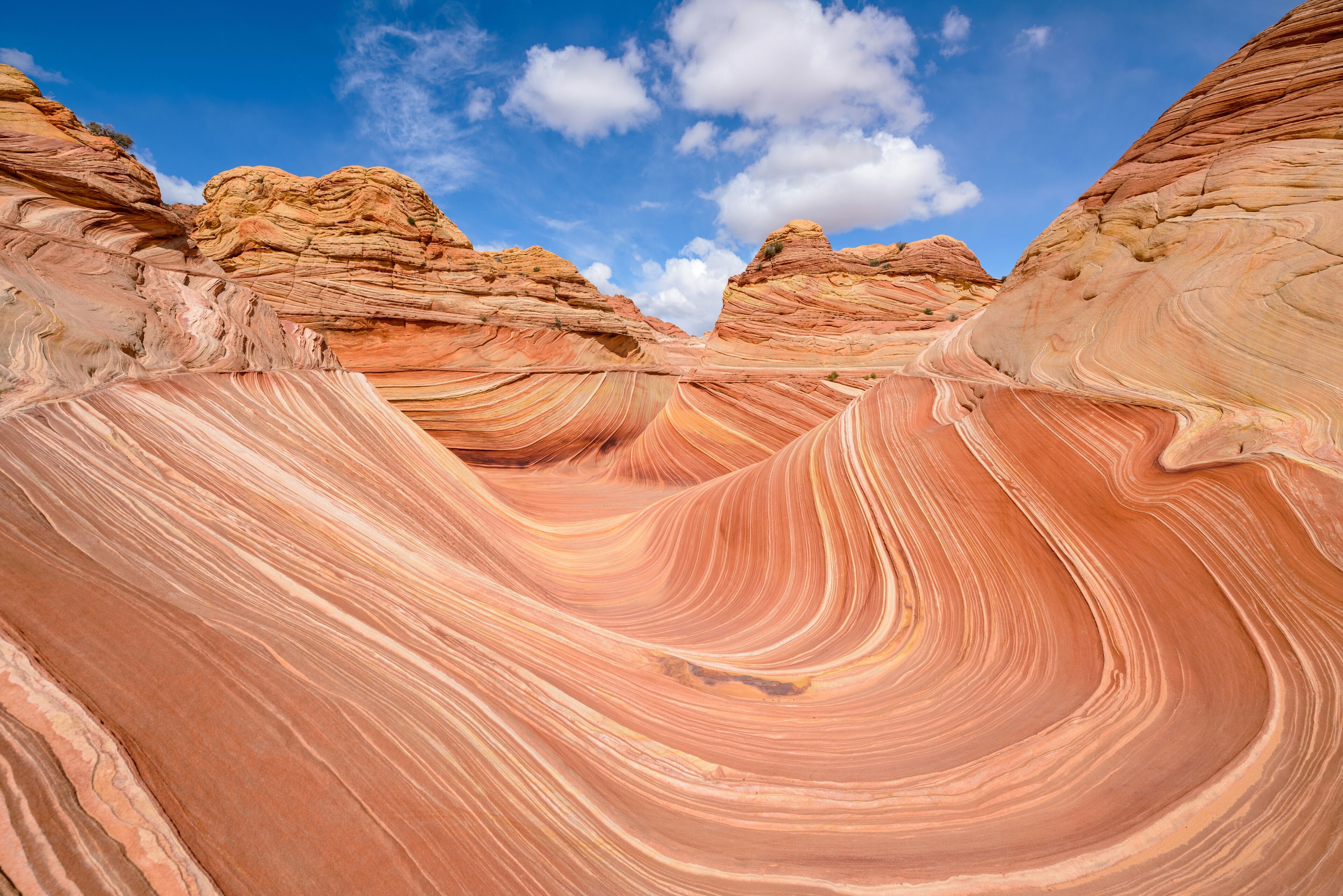 Full view of The Wave - a dramatic erosional sandstone rock formation located in North Coyote Buttes area of Paria Canyon-Vermilion Cliffs Wilderness, at Arizona-Utah border.