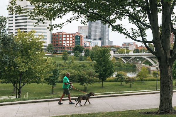 A park with a pedestrian walkway, trees, and a bridge in the background.