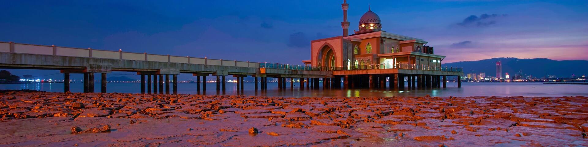 An Evening view during sunset at the Floating Mosque,Penang Port, Seberang Perai, Malaysia.