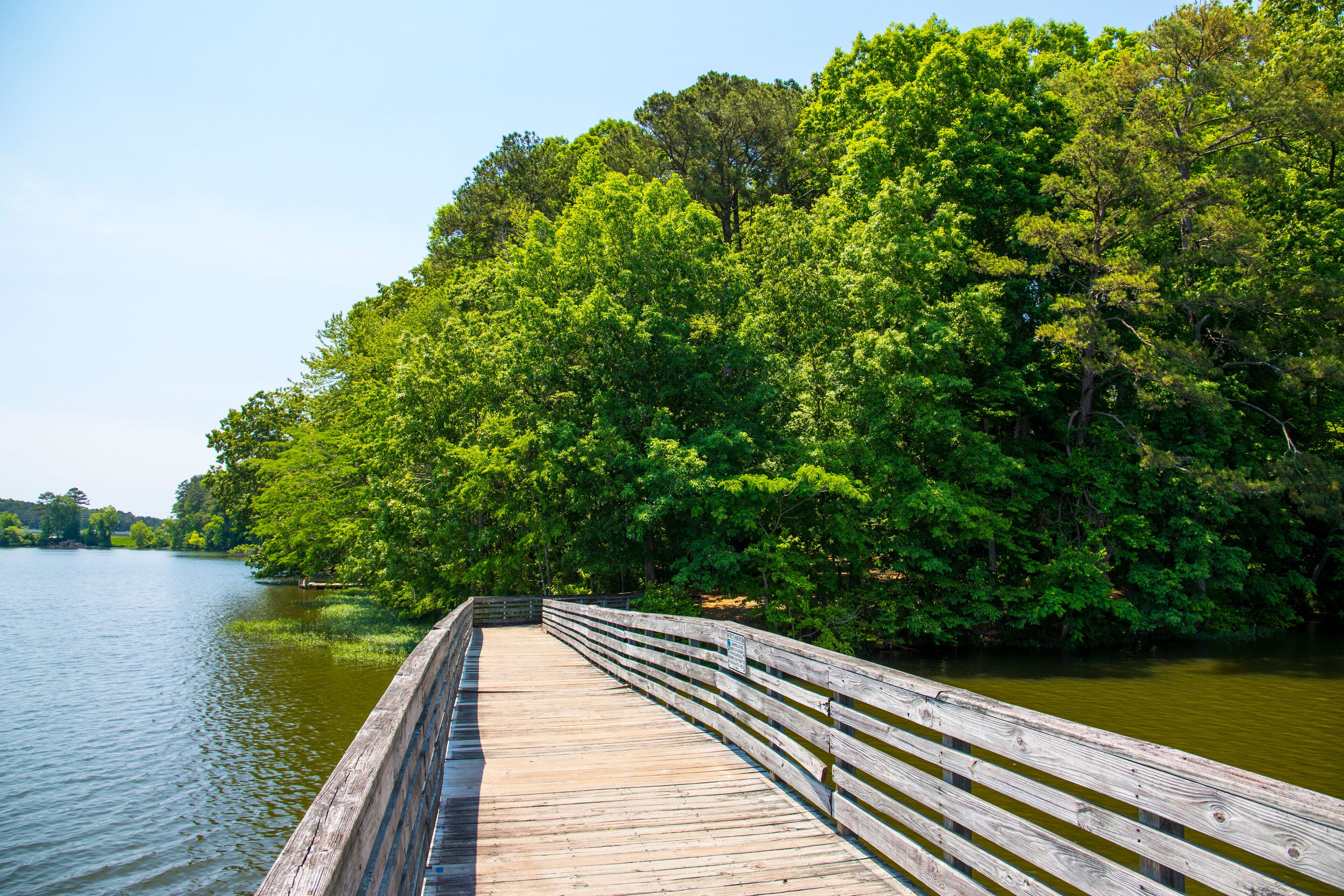 a long brown wooden bridge over the rippling waters of Lake Acworth surrounded by lush green trees and plants with blue sky at Cauble Park in Acworth Georgia USA
