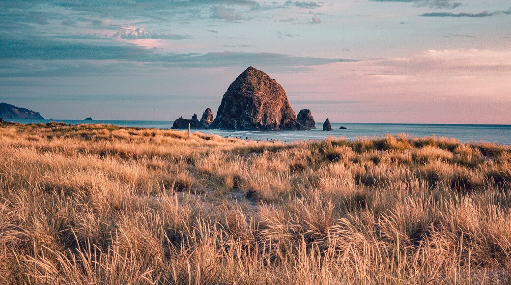 Cannon Beach, Oregon coast: the famous Haystack Rock in the golden light before sunset