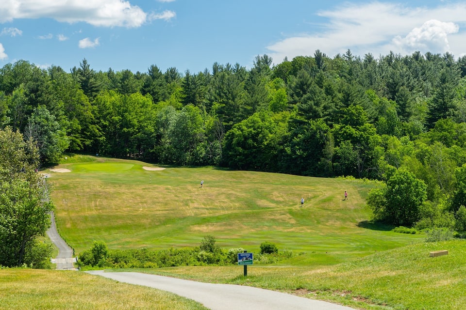 A golf course with a clear path, surrounded by dense forest.