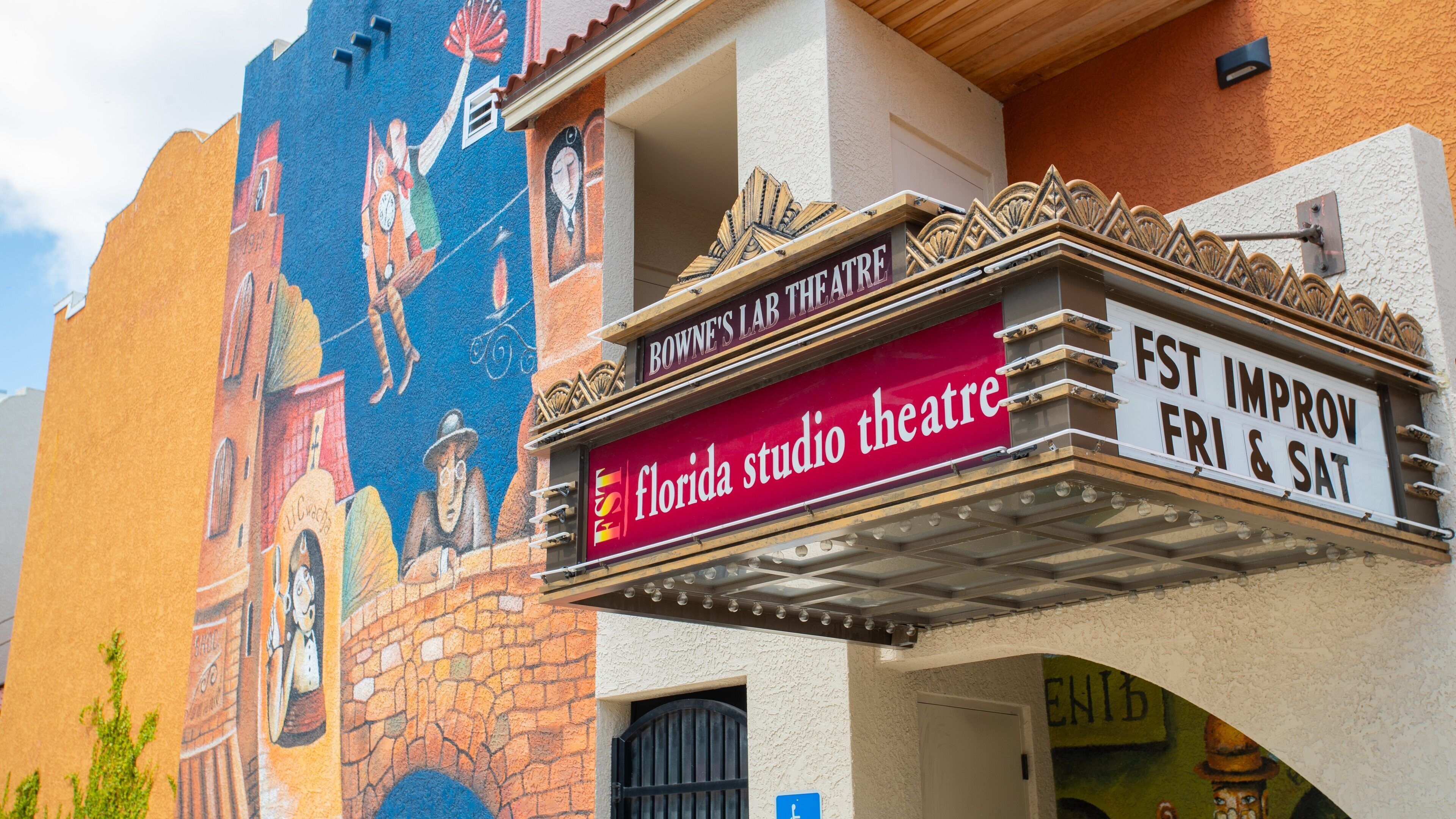 Florida Studio Theatre showing signage and outdoor art