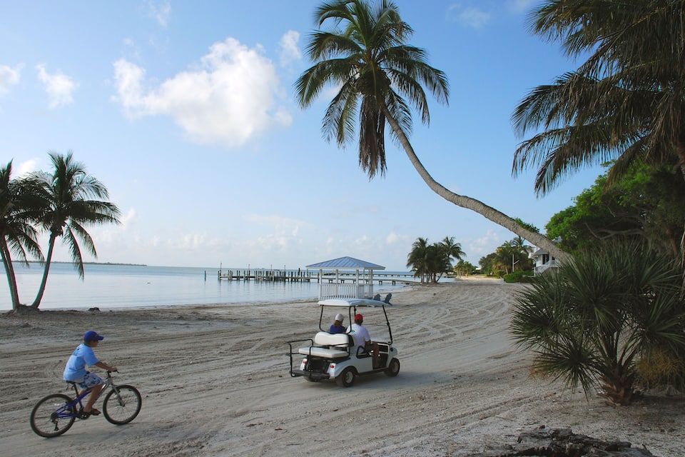 Een strand met een golfkar, een persoon op een fiets en palmbomen.