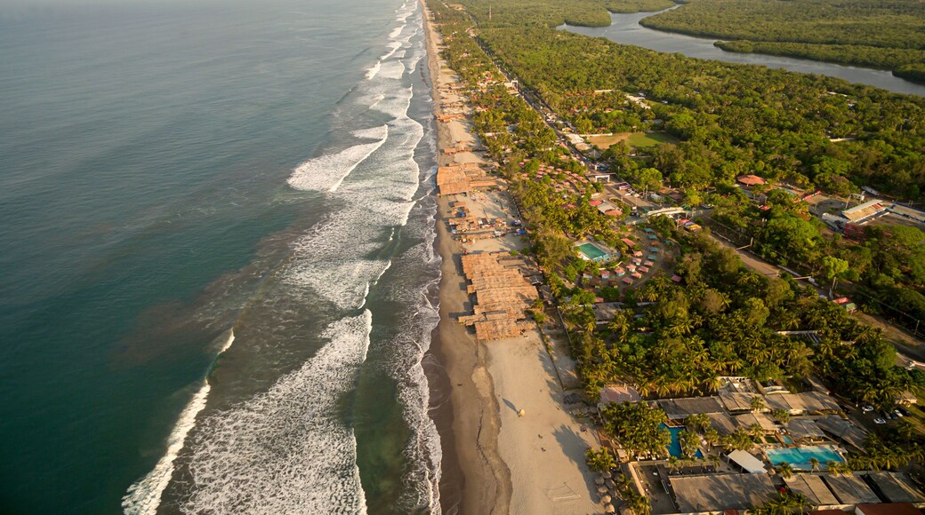 An aerial view of the shoreline of the Costa del Sol beach in La Paz, El Salvador.