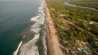 Vue aérienne d’une zone côtière comprenant une plage, une rivière et un quartier résidentiel avec des maisons et de la végétation.