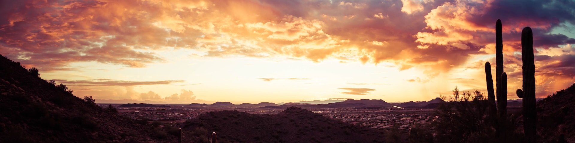 A panorama of a dramatic sunset over the desert with saguaro cactus and colorful clouds in the sky.