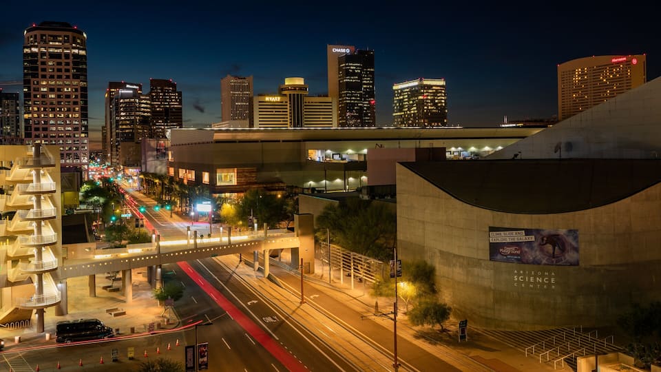 Downtown Phoenix which includes a city, night scenes and landscape views