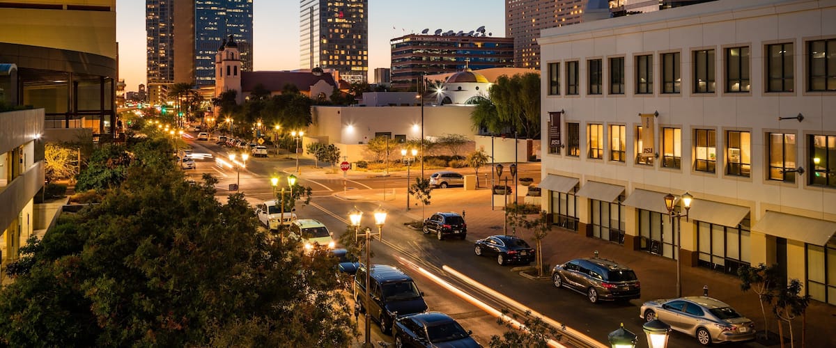 Downtown Phoenix showing a city and night scenes