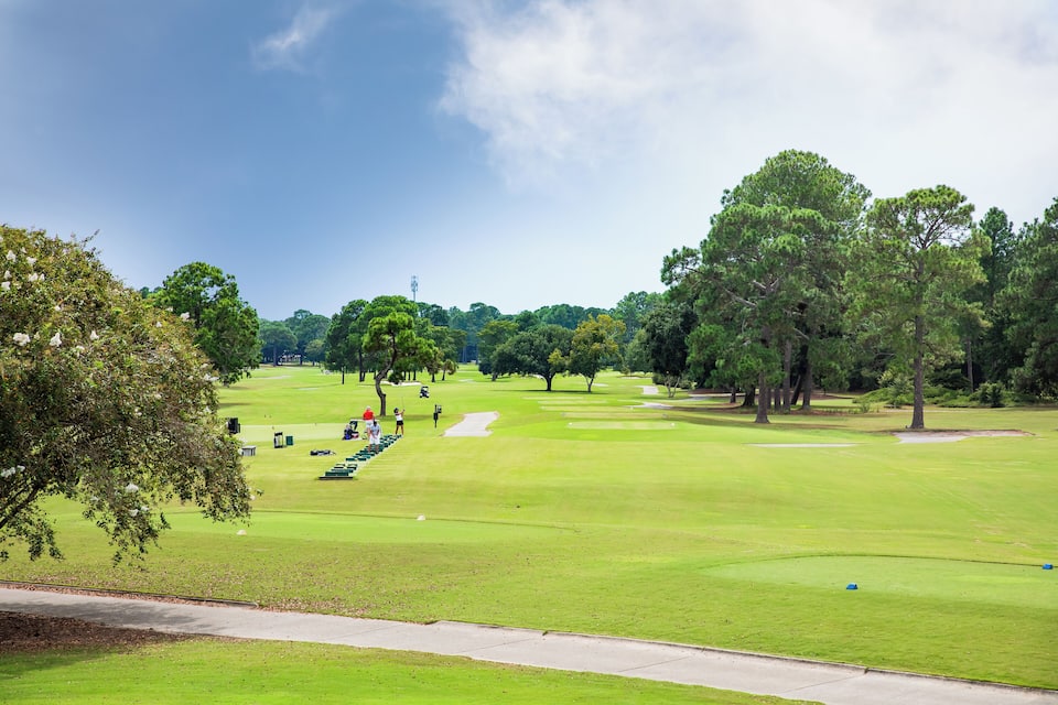 Un parcours de golf avec de l’herbe verte, des arbres et un ciel dégagé.