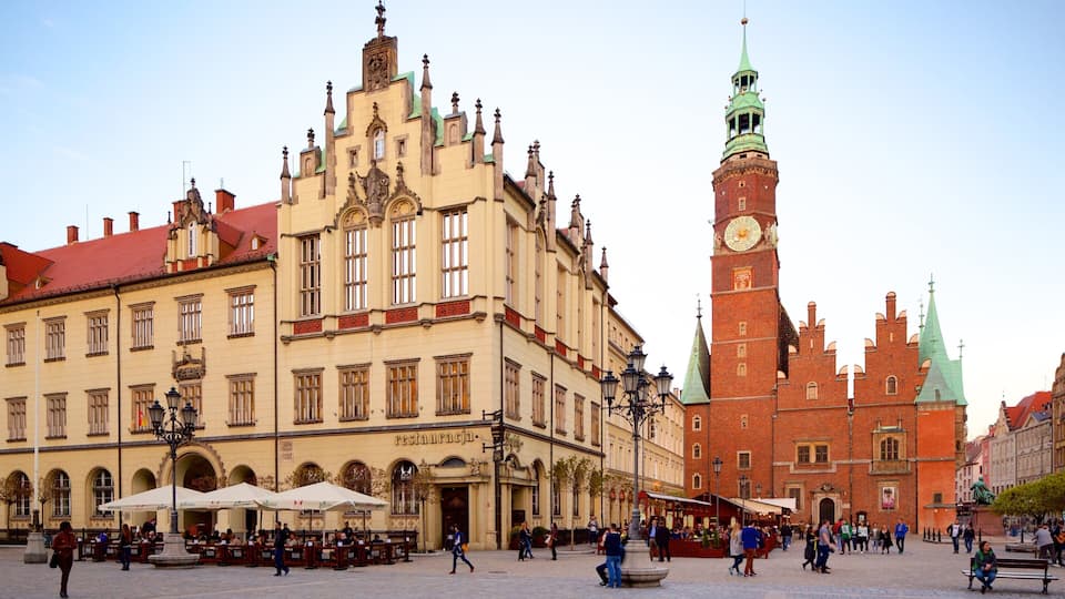 Wroclaw Town Hall which includes a square or plaza and street scenes