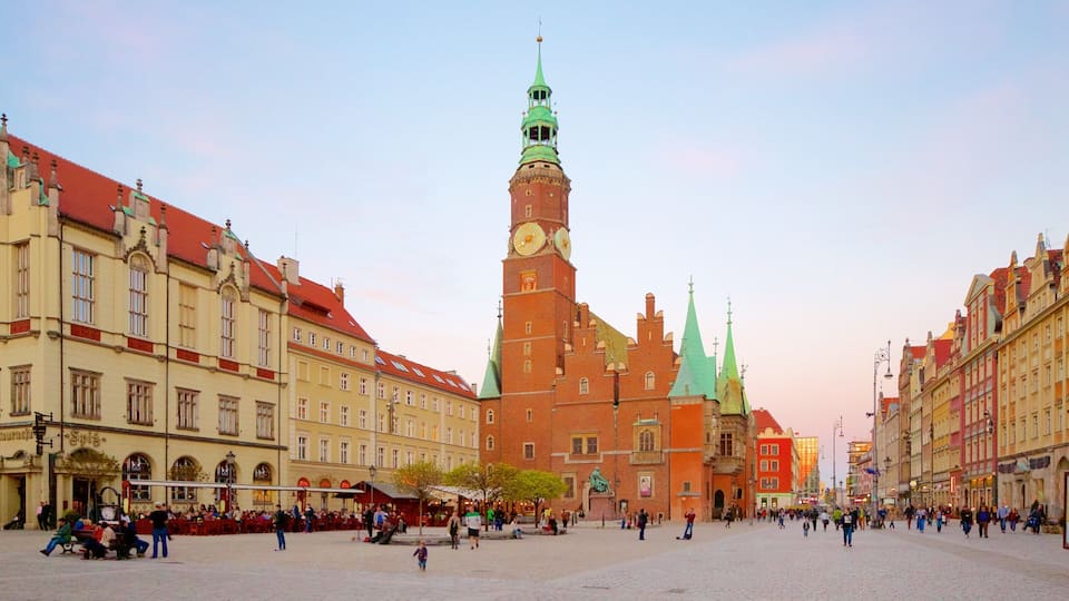 Wroclaw Town Hall featuring a square or plaza and street scenes