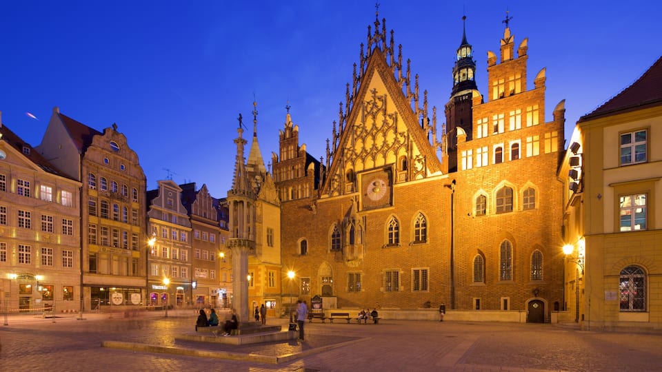 Wroclaw Town Hall which includes night scenes and a square or plaza
