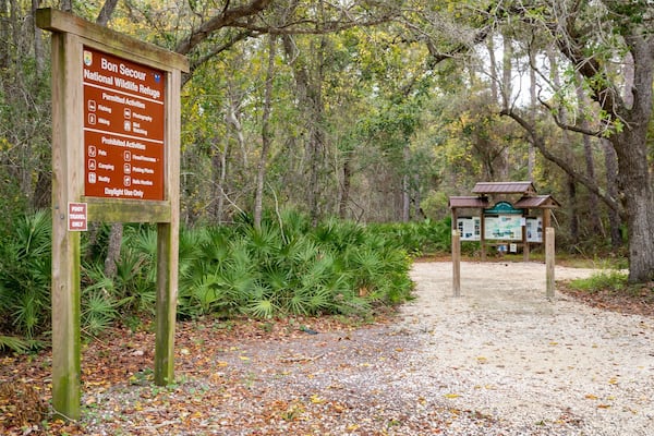 Bon Secour National Wildlife Refuge showing signage and forests