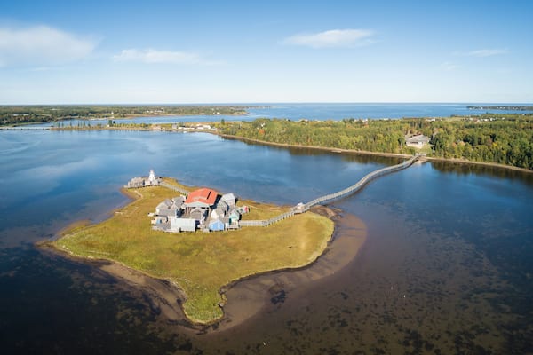 Aerial panoramic view of Pays de la Sagouine, Bouctouche, New Brunswick, Canada.