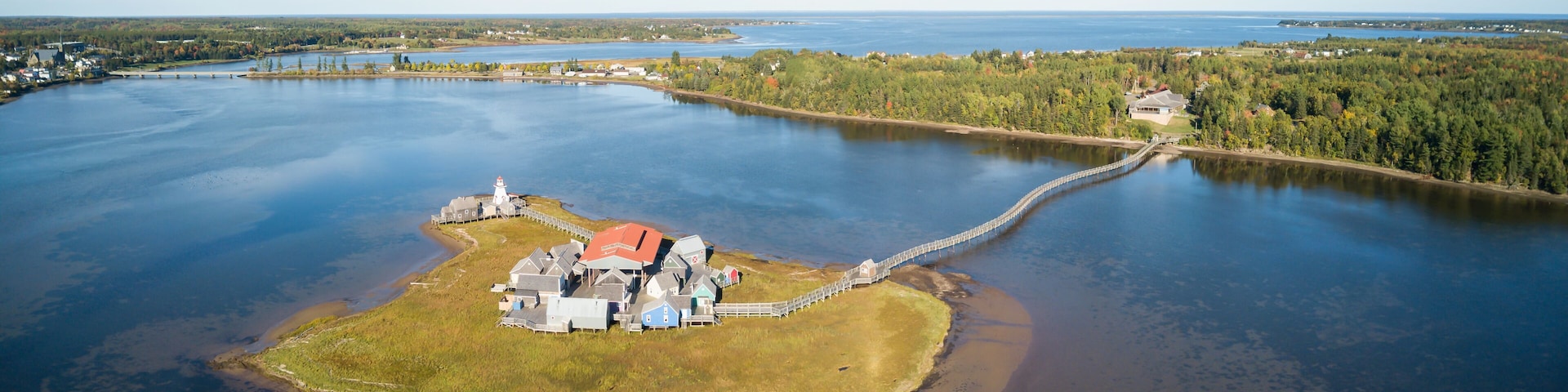 Aerial panoramic view of Pays de la Sagouine, Bouctouche, New Brunswick, Canada.