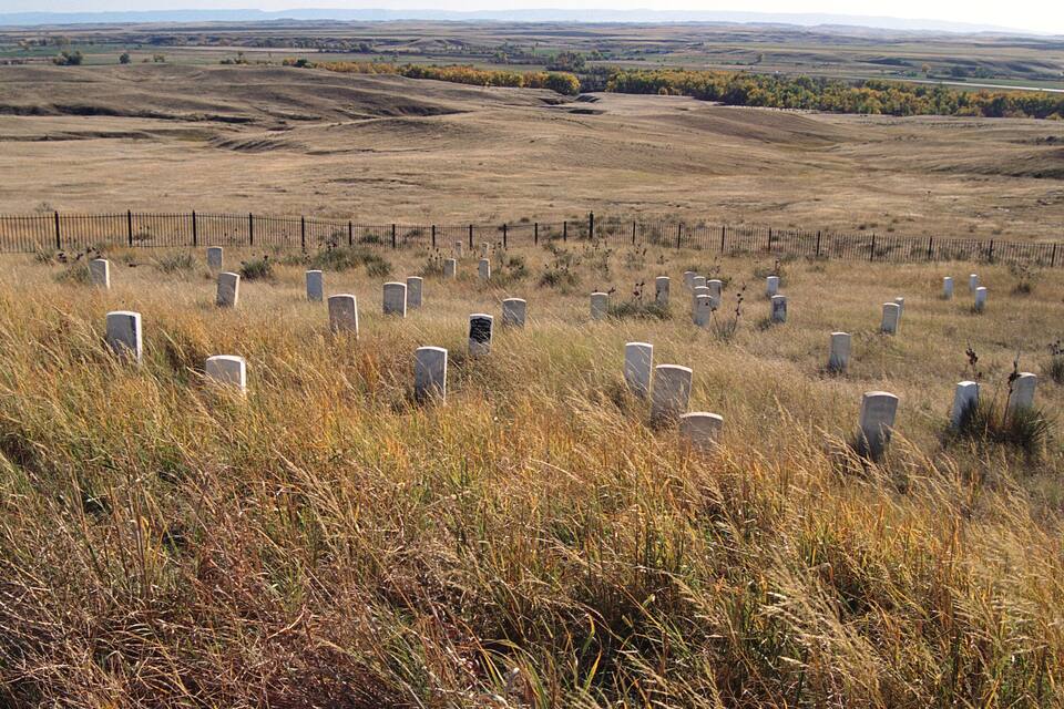 A cemetery with numerous headstones in a grassy field under a clear sky.