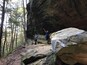 A forested area with large rock formations and a person standing on a rock.