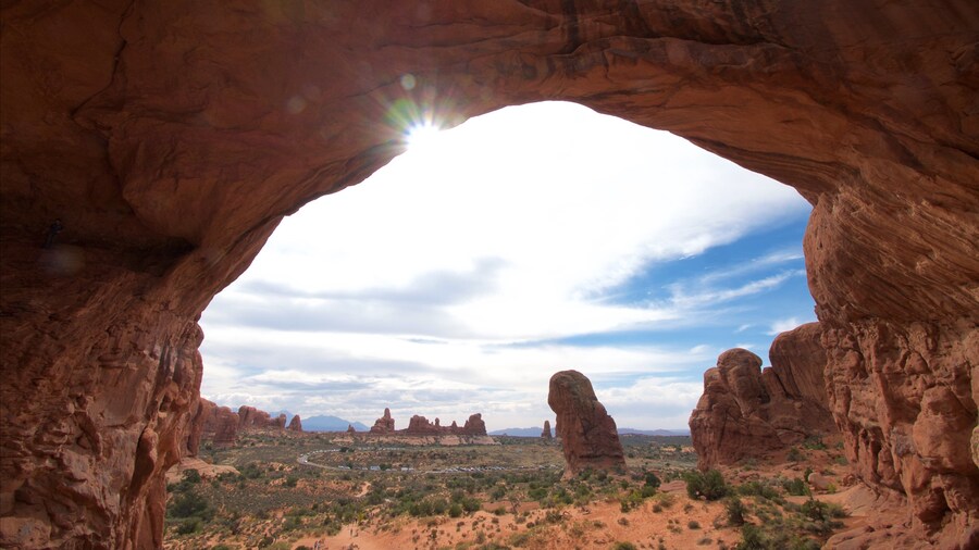 Double Arch featuring tranquil scenes, landscape views and a gorge or canyon