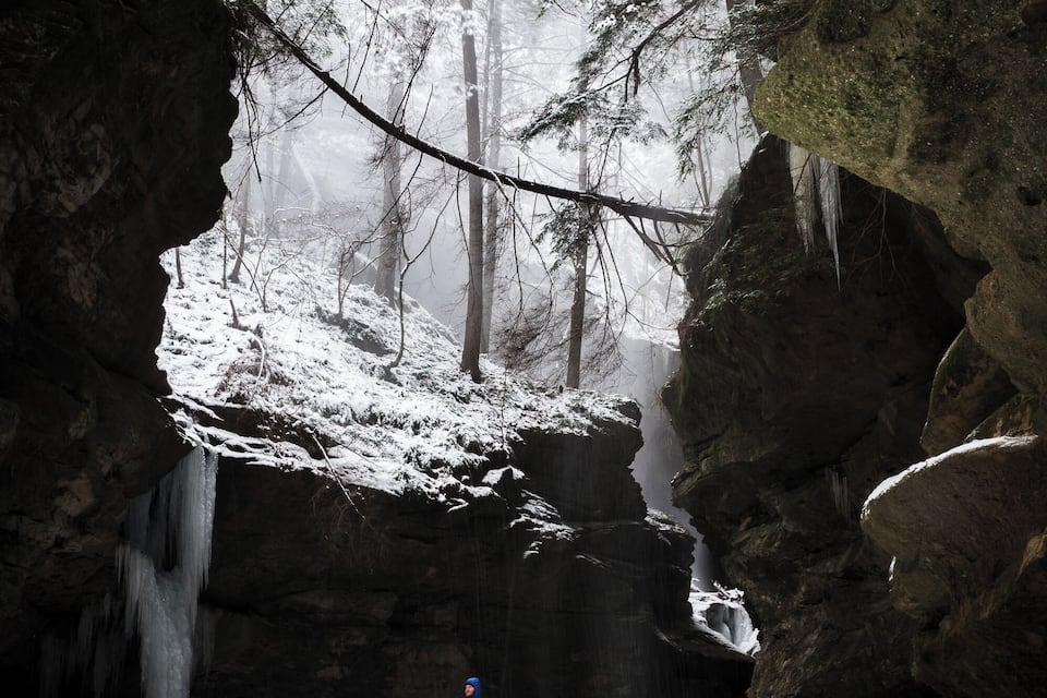 A snowy forest with a person standing on a rope bridge.