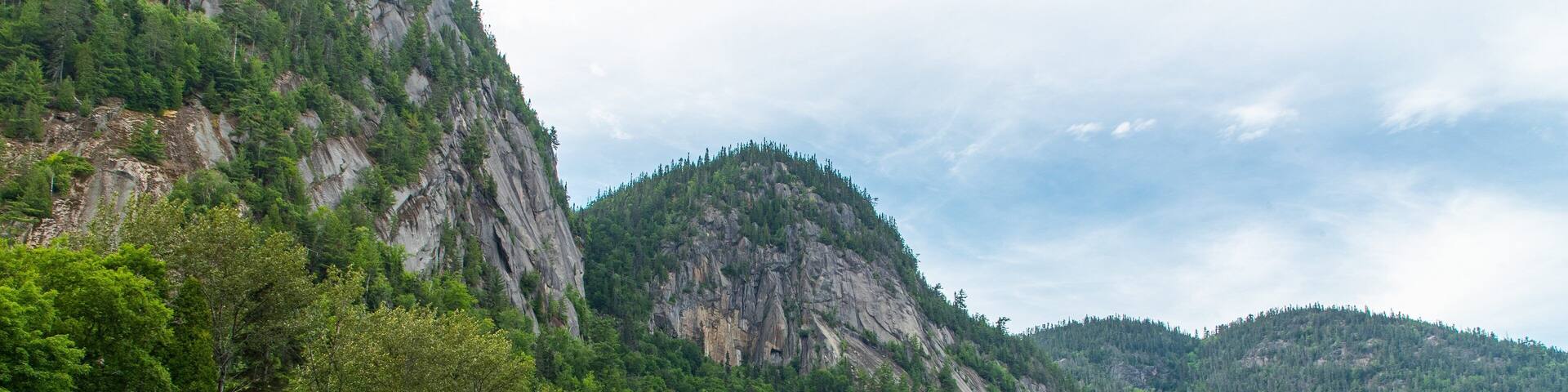 A river with large boulders in a forested valley with mountains in the background.