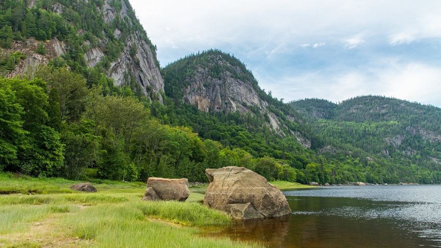 A river with large boulders in a forested valley with mountains in the background.