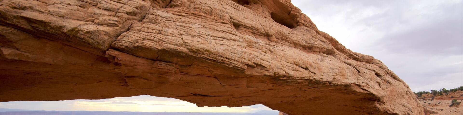 A large rock arch over a canyon with sparse vegetation.