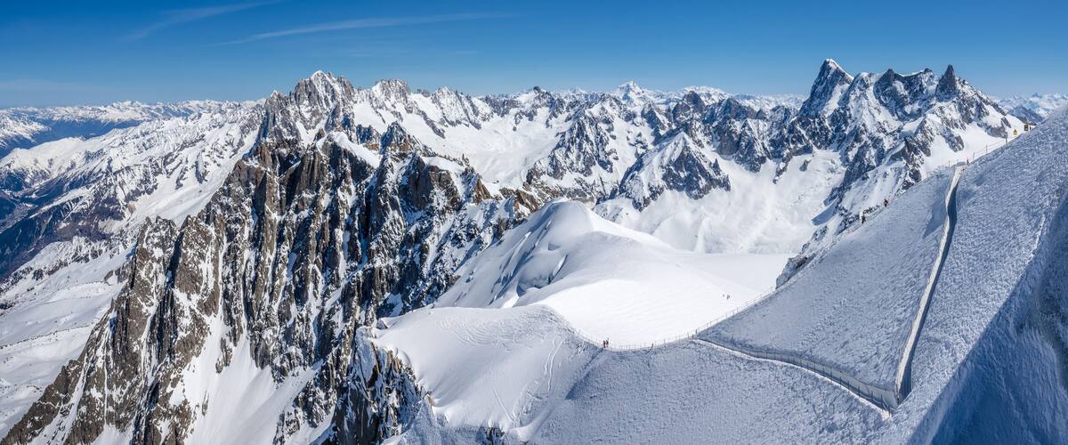 Mont-Blanc Mountain Range, Chamonix, Hautes-Savoie, Alps, France: Winter View from Aiguille du Midi near the Vallee Blanche ski resort, Les Grandes Jorasses (right) and Chamonix Needle (left)