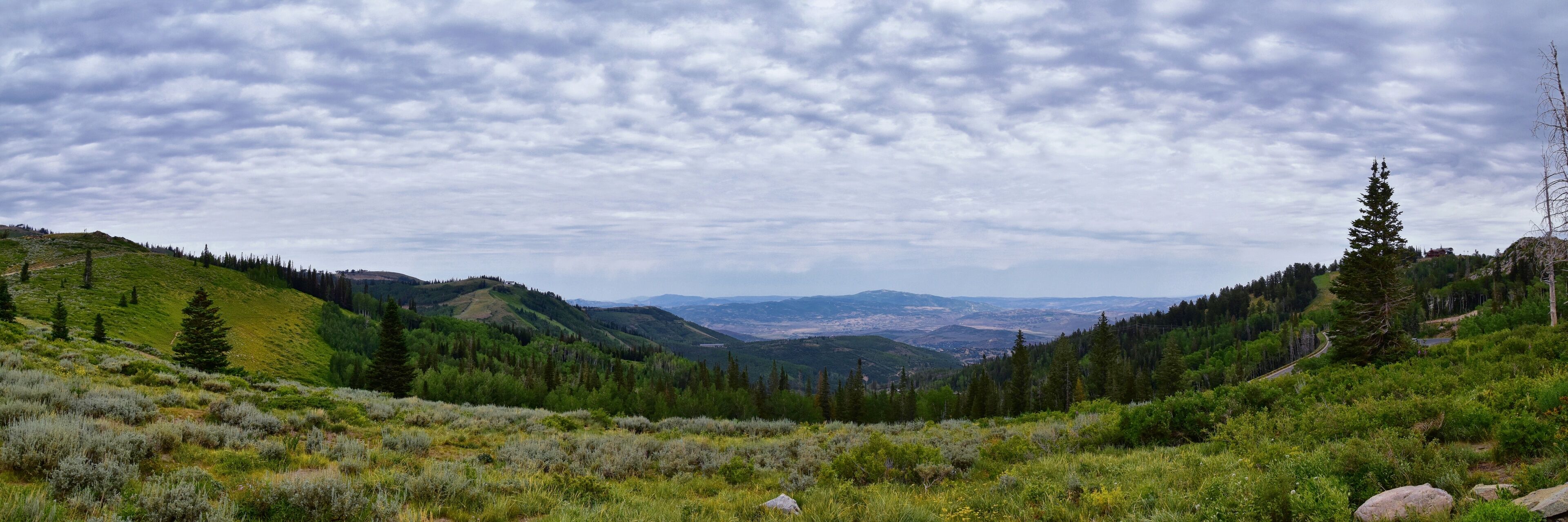 Park City, Empress Pass views of Panoramic Landscape along the Wasatch Front Rocky Mountains, Summer Forests and Cloudscape. Utah, United States.