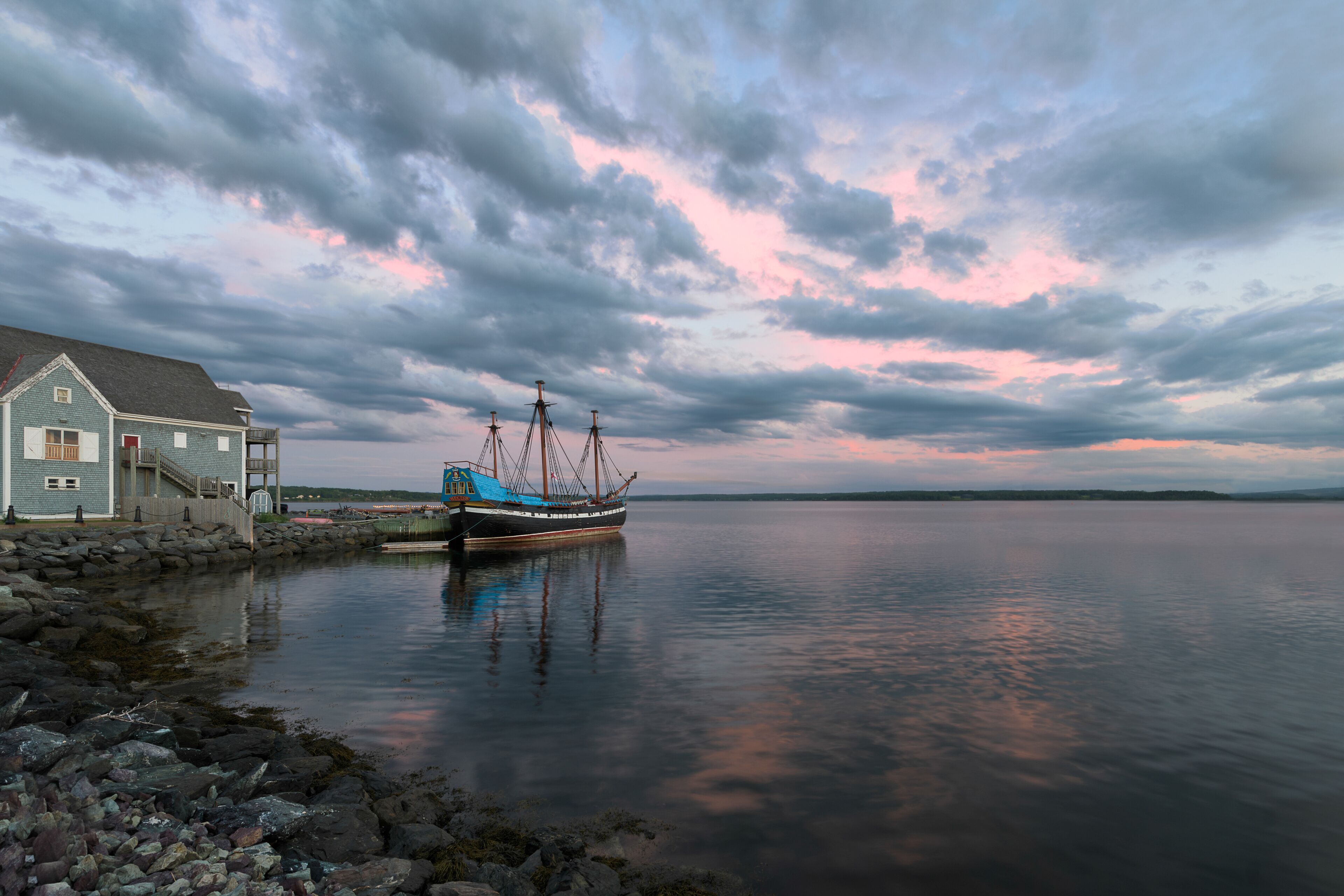 Ship Hector replica at sunset in Pictou, Nova Scotia