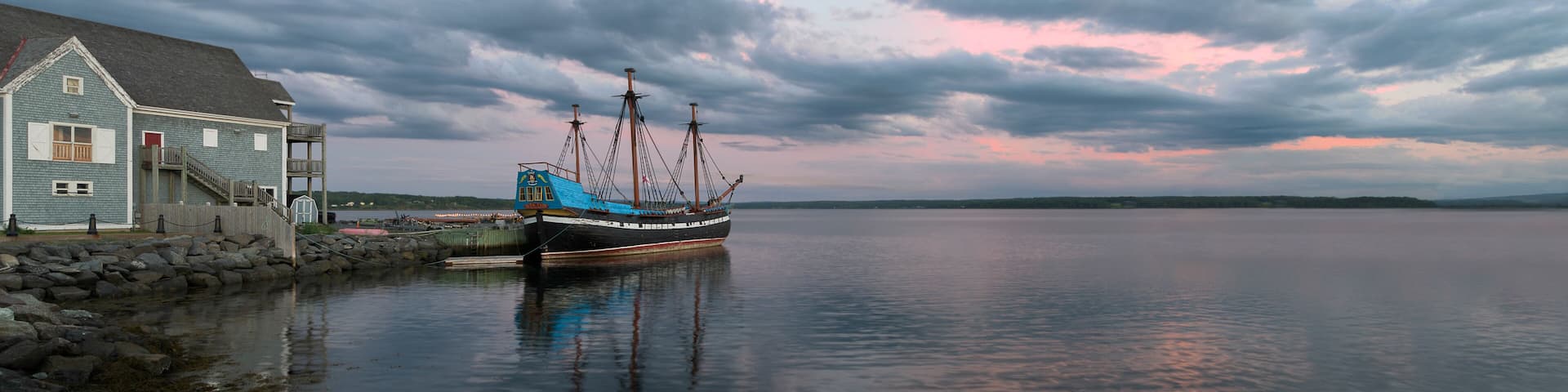 Ship Hector replica at sunset in Pictou, Nova Scotia