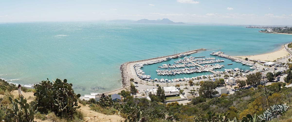 Marina with boats and yachts in the old part of Sidi Bou Said village in Carthage, Tunisia.