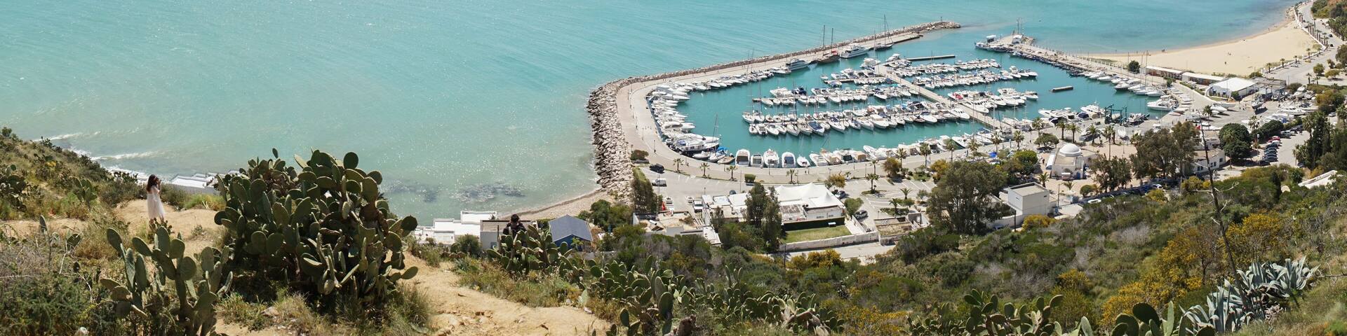 A coastal marina with boats docked, a sandy beach, and a clear view of the sea.