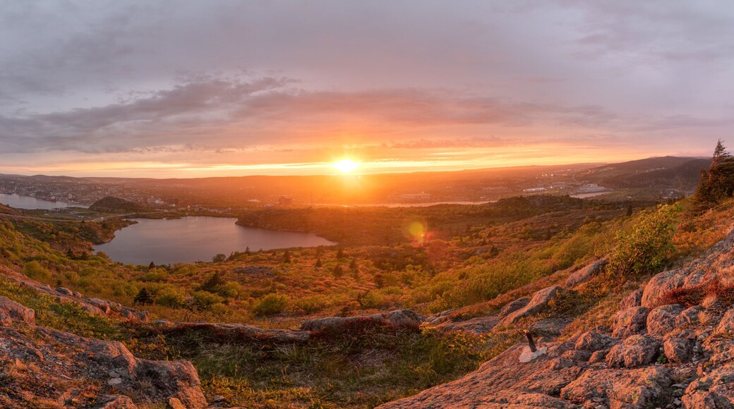 Panorama of St Johns Newfoundland from the top of Signal Hill National Historic Site at sunset.