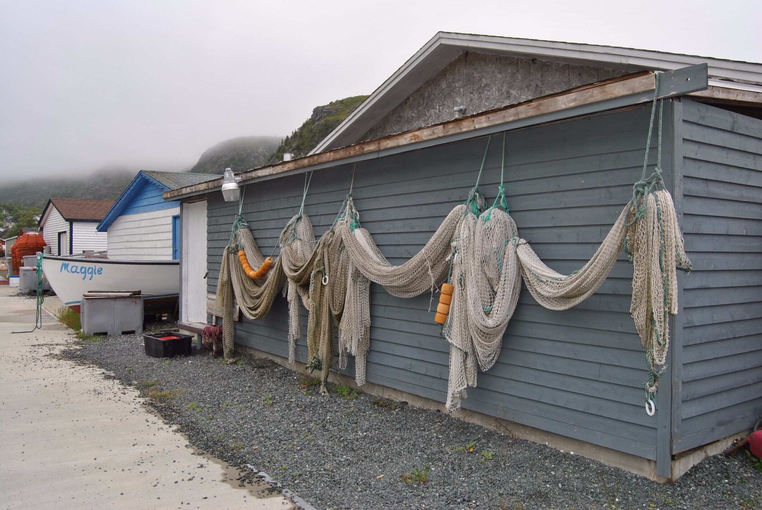 Fog lifting and nets hanging in Petty Harbour