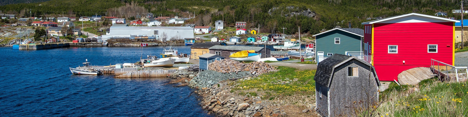 A coastal village with boats docked at a pier, a red building, and a forested hill in the background.