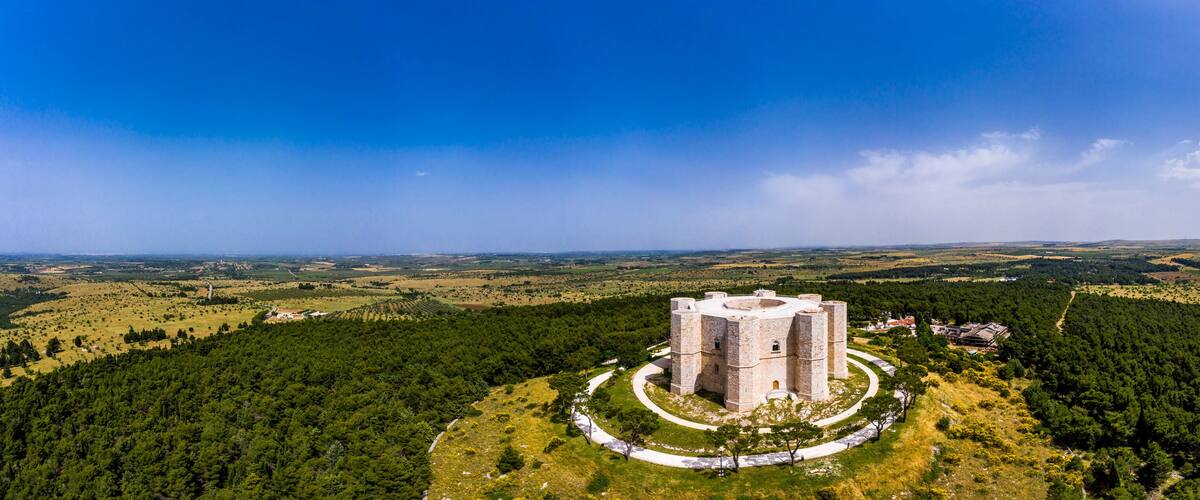 Italy, Province of Barletta-Andria-Trani, Andria, Helicopter view of?Castel?del?Monte in summer