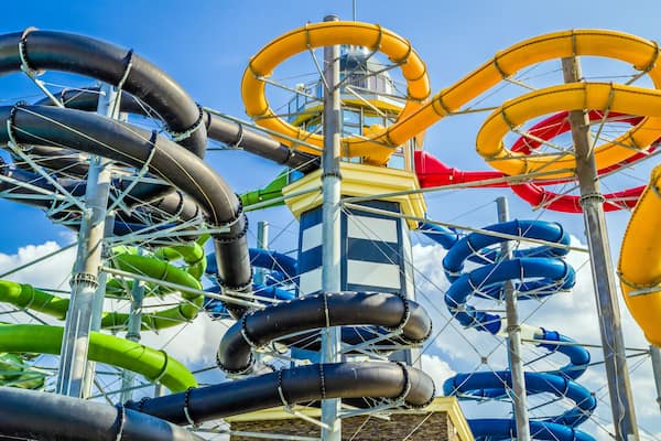 Colorful water slides in aquapark