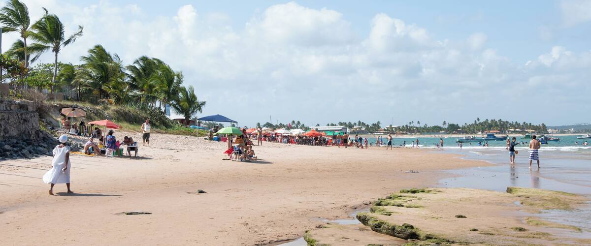 A beach with palm trees, people, and boats.